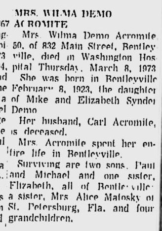 Wilma Demo Acromite obit
